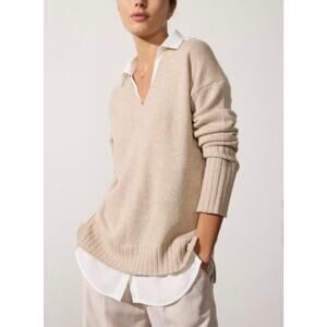 Brochu Walker Tatum V-Neck Looker Layered Cashmere Collared Sweater Large Tan